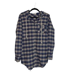 Gilded Intent Snap Front Hooded Flannel Size M Cozy 100% Cotton Distressed Hem